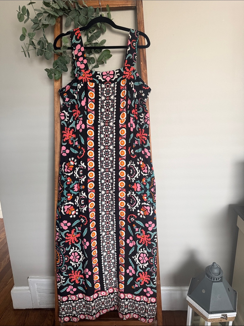 Vince Camuto Black Maxi Dress with Pink Orange and Teal Floral Print